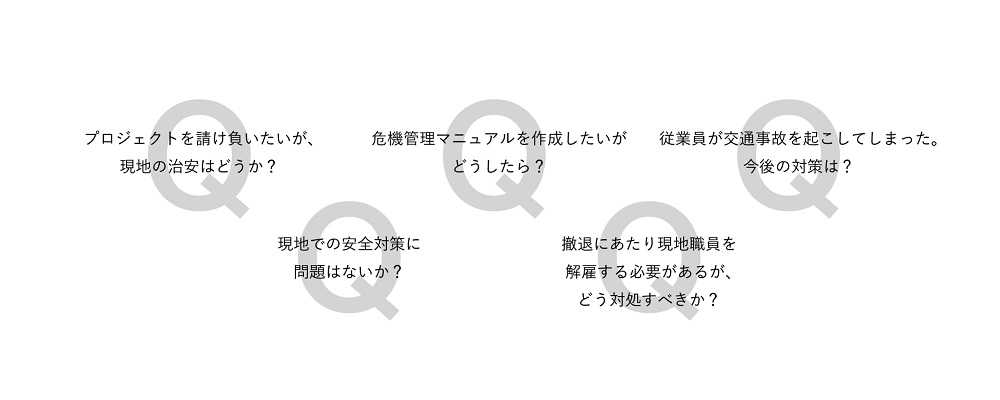 プロジェクトを請け負いたいが、現地の治安はどうか？ 危機管理マニュアルを作成したいがどうしたら？ 従業員が交通事故を起こしてしまった。今後の対策は？現地での安全対策に問題はないか？ 撤退にあたり現地職員を解雇する必要があるが、どう対処すべきか？